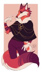  absurd_res ambiguous_gender anthro bottomwear canid canine clothed clothing fox fully_clothed fur gloves handwear hi_res jewelry legwear looking_at_viewer lunaris21 mammal shawl simple_background solo standing tail topwear 