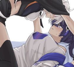  2girls blush breasts commentary honkai_(series) honkai_impact_3rd kiana_kaslana kiana_kaslana_(void_drifter) lying multiple_girls on_back purple_eyes purple_hair raiden_mei raiden_mei_(striker_fulminata) shirt small_sweatdrop syonosuke9573 white_hair white_shirt yuri 
