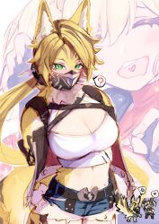  2girls ? anger_vein animal_ear_fluff animal_ears belt black_belt black_jacket black_mask blonde_hair blue_shorts body_fur burnice_white cat_ears cat_girl cat_tail closed_mouth cropped_jacket cropped_shirt furry furry_female green_eyes heart highres jacket long_hair looking_at_viewer multiple_girls ototuki_ena ponytail pulchra_fellini shirt short_shorts shorts spoken_anger_vein spoken_heart spoken_question_mark tail very_long_hair white_shirt yellow_fur zenless_zone_zero 