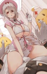  1boy azur_lane between_breasts bikini bikini_top_only bird blurry blurry_background blurry_foreground braid breasts chick commander_(azur_lane) commentary cowgirl_position cross curtains dishwasher1910 dress eyelashes female gloves hair_between_eyes hand_up hands_up hat highres holding holding_syringe indoors iron_cross large_breasts long_hair looking_at_viewer manjuu_(azur_lane) mole mole_under_eye nurse nurse_cap parted_bangs patreon_username pink_dress pink_hat prinz_heinrich_(azur_lane) red_eyes short_sleeves sitting sitting_on_person skindentation stethoscope stethoscope_between_breasts straight swimsuit syringe thighs underboob v-shaped_eyebrows very_long_hair white_bikini white_dress white_gloves 