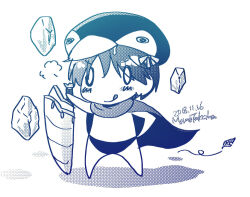  1boy :q blush cape chibi chibi_only closed_mouth commentary_request dated falling_leaves floating_rock full_body greyscale hat holding holding_sword holding_weapon leaf looking_at_viewer male_focus male_swimwear monochrome penguin_hat ragnarok_online rune_knight_(ragnarok_online) short_hair simple_background smile solo sword takaha_momo tongue tongue_out weapon 