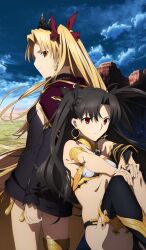  2girls asymmetrical_sleeves babylonia_(fate/grand_order) back-to-back bare_shoulders bikini black_bikini black_bow black_dress black_hair black_sleeves black_thighhighs black_tiara blonde_hair blue_sky bow breasts cape closed_mouth cloud commentary curtained_hair day detached_sleeves dress earrings ereshkigal_(fate) fate/grand_order fate_(series) floating_hair gold_armlet gold_collar gold_earrings gold_trim hairbow hands_on_own_knees ishtar_(fate) jewelry light_frown long_hair long_sleeves looking_at_viewer looking_back mismatched_bikini mismatched_sleeves multiple_girls official_art outdoors red_bow red_cape red_eyes short_dress single_detached_sleeve single_thighhigh sky small_breasts standing strapless strapless_bikini sunlight swimsuit takiyama_masaaki thighhighs third-party_source tiara two_side_up very_long_hair white_bikini 