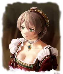 ahoge blue_gemstone blurry blurry_background border breasts brown_hair cleavage closed_mouth collarbone commentary crown dress female frilled_dress frills gem gold_crown green_eyes green_gemstone highres hinoshita_akame idolmaster idolmaster_million_live! idolmaster_million_live!_theater_days jewelry juliet_sleeves light_smile long_sleeves looking_to_the_side ornate_clothes pearl_choker pearl_hair_ornament pendant portrait puffy_sleeves red_dress red_gemstone sakuramori_kaori short_hair sidelocks signature solo square_neckline white_border 