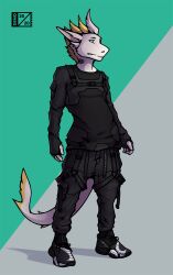  2020 anthro black_clothing blonde_hair blue_eyes bottomwear buckle clothed clothing d3mo female fish footwear fully_clothed fur gills grey_body grey_fur grey_scales hair hi_res hilla_(howlingcyborg) hybrid marine neck_gills pants scales shark shirt shoes signature simple_background snaggle_teeth solo standing straps streetwear techwear topwear white_body white_scales wide_hips yellow_body yellow_scales 