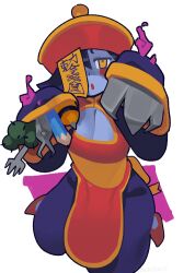  black_hair blue_skin blush_stickers breasts cactus chinese_clothes claw_(weapon) cleavage cleavage_cutout clothing_cutout colored_skin commentary darkstalkers female fork hat inktaru jiangshi large_breasts lei-lei ofuda one_eye_covered orange_eyes pencil qingdai_guanmao signature solo weapon 