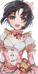  antenna_hair black_eyes black_hair blush bow breasts cleavage crown dress dress_bow female highres idolmaster idolmaster_(classic) juliet_sleeves kikuchi_makoto long_sleeves looking_at_viewer mini_crown miyagi neck_ribbon open_mouth pink_dress puffy_sleeves ribbon short_hair simple_background smile solo teeth upper_body upper_teeth_only white_background 