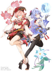  2girls absurdres ahoge antlers bare_shoulders bell black_gloves black_pantyhose black_shorts blue_hair breasts closed_mouth crop_top detached_sleeves flower ganyu_(genshin_impact) genshin_impact gloves goat_horns green_eyes hair_between_eyes hat high_heels highres horns legs_up long_hair long_sleeves looking_at_viewer medium_breasts midriff multiple_girls navel okkobc one_eye_closed open_mouth pantyhose pink_hair purple_eyes red_hat shorts sidelocks smile stomach tassel white_background yanfei_(genshin_impact) 
