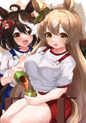  2girls absurdres ahoge blue_shorts blurry blurry_background blush breasts brown_hair ear_ornament gym_uniform hair_between_eyes half_up_braid highres kitasan_black_(umamusume) large_breasts long_hair looking_at_viewer maou_(maoudaisukiya) medium_breasts multicolored_hair multiple_girls open_mouth original_race_uniform_(umamusume) race_bib red_shorts satono_diamond_(umamusume) shirt short_hair short_sleeves shorts sitting smile streaked_hair thighs two_side_up umamusume white_hair white_shirt yellow_eyes 