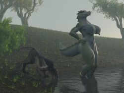  3d_(artwork) 4:3 anthro black_body blue_eyes clothing crocodilian cthulhu_mythos digital_media_(artwork) drinking duo female feral flailingfornication food grass green_body h._p._lovecraft hi_res hound_of_tindalos jewelry kroxigor_(vulgarvictor) lying morning outside partially_submerged plant reptile scalie smile tail teeth tree 