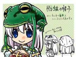 arch_bishop_(ragnarok_online) blue_eyes breasts cleavage cleavage_cutout closed_mouth clothing_cutout commentary_request cross dress female frog_hat green_background grey_hair long_hair looking_at_viewer multiple_views ragnarok_online red_dress smile takaha_momo translation_request two-tone_dress upper_body white_dress 
