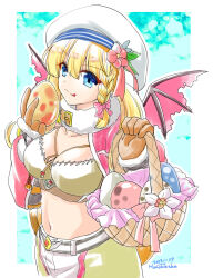  :q artist_name basket blonde_hair blue_background blue_eyes border breasts brown_gloves brown_shirt brown_shorts cleavage closed_mouth commentary_request cowboy_shot crop_top dated egg female flower fur_collar gloves hat hat_flower highres holding holding_basket holding_egg jacket large_breasts long_hair looking_at_viewer midriff navel open_mouth outside_border pink_flower pink_wings ragnarok_online red_jacket shirt shorts shrug_(clothing) smile solo takaha_momo tam_(ragnarok_online) tongue tongue_out white_border wind_hawk_(ragnarok_online) wings 