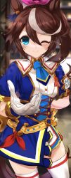  ;) absurdres animal_ears belt blue_eyes blue_jacket boots brown_hair closed_mouth collared_shirt corset female glorious_azure_costume_(umamusume) gloves hand_up highres horse_ears horse_girl horse_tail jacket knee_boots leg_up long_hair looking_at_viewer maou_(maoudaisukiya) multicolored_hair one_eye_closed outstretched_arm ponytail shirt short_sleeves shorts smile solo sparkle streaked_hair tail thighhighs tokai_teio_(umamusume) two-tone_hair umamusume white_gloves white_hair white_shirt white_thighhighs 