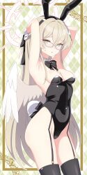  absurdres alternate_costume alternate_hairstyle angel_wings animal_ears argyle_background armpit_crease armpits arms_behind_head ass bare_shoulders bespectacled black_bow black_bowtie black_hairband black_leotard blue_archive blush bow bowtie breasts brown_hair cameltoe cleavage commentary cowboy_shot curvy detached_collar embarrassed english_commentary eyes_visible_through_hair fake_animal_ears fake_tail feathered_wings female flower from_side frown furrowed_brow garter_straps glasses groin hair_between_eyes hair_flower hair_ornament hairband hairbow half_up_braid halo highres leotard long_hair looking_at_viewer making-of_available medium_breasts nagisa_(blue_archive) nose_blush open_mouth pink_flower pink_halo playboy_bunny rabbit_ears rabbit_tail simple_background solo standing straight_hair strapless strapless_leotard sweatdrop tail thighs tsurime very_long_hair white-framed_eyewear white_flower white_wings white_wrist_cuffs wings wrist_cuffs ydayluca yellow_eyes 