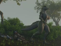  3d_(artwork) 4:3 anthro black_body blue_eyes clothing crocodilian cthulhu_mythos digital_media_(artwork) duo female feral flailingfornication food grass green_body h._p._lovecraft hi_res hound_of_tindalos jewelry kroxigor_(vulgarvictor) lying morning on_side outside plant reptile scalie smile tail teeth tree walking 