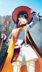  adjusting_clothes adjusting_headwear ajirogasa bead_necklace beads belt bikini black_belt blue_sky breasts brown_eyes brown_hair cape chinese_clothes cleavage commentary day earrings fate/grand_order fate_(series) from_below gold_earrings gourd hand_on_headwear hat headpiece holding holding_staff hoop_earrings jacket jewelry large_breasts long_hair long_sleeves midriff_peek necklace o-ring o-ring_belt official_art okazaki_takeshi open_mouth orange_cape outdoors photo_background shakujou sky smile staff standing swimsuit thighhighs third-party_source underboob very_long_hair white_bikini white_jacket white_thighhighs xuangzang_sanzang_(fate) 