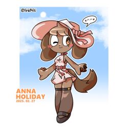  1:1 2025 ;3 anna_holiday anthro bow_ribbon breasts brown_body brown_ears brown_fur brown_hair brown_tail canid canine canis clothed clothed_anthro clothed_female clothing cloud dated day digital_drawing_(artwork) digital_media_(artwork) domestic_dog dress english_text eyelashes female female_anthro floppy_ears footwear front_view fur hair hat headgear headwear legwear lnb lop_ears mammal mouth_closed one_eye_closed orange_text pawpads pink_clothing pink_dress pink_hat pink_headwear shoes sky solo tail text thigh_highs 