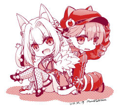  1boy animal_ear_headwear animal_ears artist_name bell breasts cat_ears cleavage coat commentary_request dated detached_sleeves fake_animal_ears female fishnet_thighhighs fishnets fox_ears fox_girl full_body fur-trimmed_skirt fur-trimmed_sleeves fur_coat fur_trim hair_bell hair_intakes hair_ornament high_heels jingle_bell jumpsuit large_breasts long_hair looking_at_viewer mechanic_(ragnarok_online) monochrome official_alternate_costume open_mouth ragnarok_online red_skirt red_theme shadow_chaser_(ragnarok_online) shoes short_hair sitting skirt smile spiked_anklet sports_bra takaha_momo thighhighs v-shaped_eyebrows 