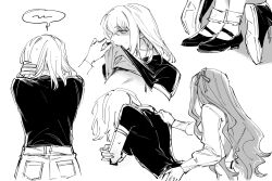  2girls absurdres bang_dream! bang_dream!_it&#039;s_mygo!!!!! biting biting_clothes black_shirt breasts clothes_lift from_behind hair_ribbon hand_on_another&#039;s_shoulder highres humping implied_futanari long_hair long_sleeves medium_hair misumi_uika multiple_girls nideaneng out_of_frame pants ribbon shirt shirt_lift shoes short_sleeves speech_bubble sweat togawa_sakiko yuri 