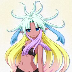  aqua_hair black_bra blonde_hair blue_eyes bra breasts commentary_request dark-skinned_female dark_skin female groin hayashiya_zankurou leotard long_hair multicolored_hair navel original pink_hair pointy_ears purple_hair small_breasts solo strapless strapless_leotard underwear upper_body very_long_hair 