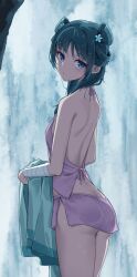 absurdres ass blue_eyes chinese_clothes closed_mouth commentary expressionless female flower from_behind green_hair hair_bun hair_ornament highres holding holding_unworn_clothes kusuriya_no_hitorigoto long_hair looking_at_viewer maomao_(kusuriya_no_hitorigoto) profnote simple_background solo standing water waterfall wet 