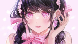  bare_shoulders black_hair bow bowtie braid earrings female flower hair_flower hair_ornament hair_over_shoulder hand_on_own_ear heart heart_earrings highres jewelry long_hair mira_hidume original parted_lips pink_background pink_eyes pink_lips pink_nails portrait rotated simple_background solo twin_braids 