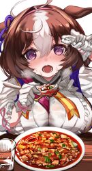  :3 @_@ ahoge animal_ears bag bell between_breasts black_bag blue_skirt blue_vest blush breasts brown_hair collared_shirt commentary_request cowbell cowboy_shot female food gloves hair_between_eyes highres horse_ears horse_girl horse_tail large_breasts maou_(maoudaisukiya) mapo_tofu medium_hair meisho_doto_(umamusume) multicolored_hair open_mouth petticoat purple_eyes shirt shoulder_bag skirt solo strap_between_breasts sweat tail towel two-tone_hair umamusume vest white_gloves white_hair white_shirt 