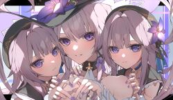  3girls absurdres black_hat brown_hair collarbone doll_joints flower hair_flower hair_intakes hair_ornament hands_on_another&#039;s_shoulders hat heart heart_hands herta_(honkai:_star_rail) highres honkai:_star_rail honkai_(series) joints long_hair looking_at_viewer moderate_gold multiple_girls nail_polish parted_lips purple_eyes purple_flower purple_nails smile the_herta_(honkai:_star_rail) witch_hat 