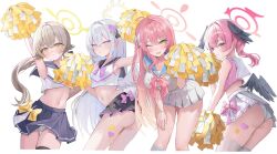  4girls alternate_costume ass azusa_(blue_archive) blue_archive blush cheering cheerleader halo hanako_(blue_archive) hifumi_(blue_archive) highres holding holding_pom_poms koharu_(blue_archive) looking_at_viewer make-up_work_club_(blue_archive) midriff multiple_girls panties pantyshot pom_pom_(cheerleading) ri_yonn underwear 