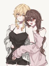  2girls black_camisole black_shorts blonde_hair bright_pupils brown_hair camisole cardigan closed_mouth commentary dolphin_shorts genshin_impact hand_on_another&#039;s_waist highres hu_tao_(genshin_impact) jako_gnsn long_hair lumine_(genshin_impact) multiple_girls open_mouth orange_eyes pink_sweater red_eyes shorts simple_background smile sweater white_background white_cardigan white_pupils yuri 