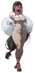  absurdres bare_shoulders breasts brown_hair cellphone choker cleavage cloudy_rain4 collarbone covered_navel crossed_legs dress earrings feather_boa female final_fantasy final_fantasy_vii full_body grey_dress highres holding holding_phone hoop_earrings jewelry large_breasts long_hair long_sleeves looking_at_viewer low-tied_long_hair mature_female nail_polish necklace off-shoulder_dress off_shoulder pearl_necklace phone red_choker red_eyes red_nails sandals see-through_clothes simple_background sleeves_past_wrists smartphone smile solo standing tachi-e thong tifa_lockhart toenail_polish toenails very_long_hair watson_cross white_background 