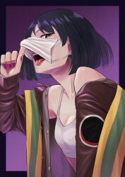  absurdres black_eyes black_hair brave_witches breasts female hasegawa_(hase_popopo) highres kanno_naoe looking_at_viewer mask mouth_mask nail_polish open_mouth sexually_suggestive short_hair sideways_glance solo tongue tongue_out world_witches_series 