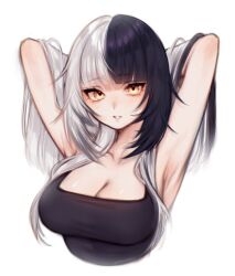  arms_up black_hair black_tank_top breasts cleavage female grey_hair harleyoron highres hololive hololive_english large_breasts long_hair looking_at_viewer multicolored_hair shiori_novella simple_background solo split-color_hair tank_top two-tone_hair virtual_youtuber white_background yellow_eyes 