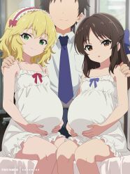  1boy 2girls absurdres blonde_hair brown_eyes brown_hair camisole collarbone collared_shirt eufoniuz fingernails flat_chest green_eyes headdress highres idolmaster idolmaster_cinderella_girls idolmaster_cinderella_girls_u149 medium_hair multiple_girls necktie official_style open_mouth pregnant producer_(idolmaster) sakurai_momoka shirt tachibana_arisu 