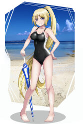  absurdres ash_arms barefoot beach black_one-piece_swimsuit blonde_hair blue_eyes blue_sky breasts cloud competition_swimsuit covered_navel day female full_body grin highres horizon jersey_(jersey_2237) long_hair looking_at_viewer medium_breasts military ocean one-piece_swimsuit outdoors p-51a_(ash_arms) planted planted_umbrella ponytail sky smile solo swimsuit two-tone_swimsuit umbrella 