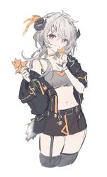  bare_shoulders belt black_jacket black_skirt black_thighhighs breasts choker cleavage crop_top cropped_legs curled_horns female flower garter_straps grey_hair grey_shirt grin hands_up hibiwa highres holding holding_flower horns jacket long_hair long_sleeves looking_at_viewer midriff miniskirt navel off_shoulder open_clothes open_jacket original purple_eyes shirt simple_background skindentation skirt sleeveless sleeveless_shirt smile solo spaghetti_strap stomach thighhighs thighs white_background yellow_choker zettai_ryouiki 