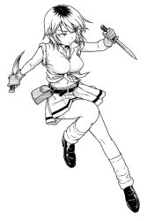  belt breasts closed_mouth collared_shirt commentary_request dagger dual_wielding earrings female full_body gloves greyscale holding holding_dagger holding_knife holding_sword holding_weapon ichikawa_masahiro jewelry knife leg_up loafers looking_to_the_side loose_socks medium_breasts medium_hair midriff miniskirt monochrome multicolored_hair navel pleated_skirt pouch reverse_grip roots_(hair) school_uniform shirt shoes simple_background skirt sleeve_rolled_up socks solo sword tied_shirt two-tone_hair watashi_ga_motenai_no_wa_dou_kangaetemo_omaera_ga_warui! weapon white_background yoshida_masaki 