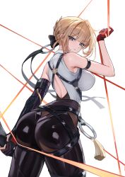  absurdres arm_strap armpit_crease ass back bare_shoulders black_gloves black_pants blonde_hair breasts closed_mouth cowboy_shot elbow_gloves evelyn_chevalier female from_behind gloves hand_up highres large_breasts looking_at_viewer looking_back median_furrow missing_commentary mole mole_under_eye myumyu431 pants purple_eyes shirt short_hair simple_background single_elbow_glove solo tight_clothes tight_pants white_background white_shirt zenless_zone_zero 