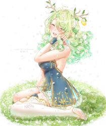  ahoge artist_name asymmetrical_legwear bare_shoulders barefoot braid breasts bridal_gauntlets ceres_fauna ceres_fauna_(1st_costume) closed_eyes dress english_commentary female floating_hair flower from_side green_dress green_hair hair_flower hair_ornament hand_on_own_face heart heart_ahoge highres hololive hololive_english light_blush long_hair mole mole_under_eye nail_polish puppypaww sideboob single_braid single_thighhigh sitting smile solo stirrup_legwear swept_bangs thighhighs toeless_legwear toenail_polish toenails tree_horns virtual_youtuber wariza white_background 