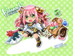  :d armor armored_boots axe bell belt_pouch bikini bikini_top_only black_gloves black_socks blush boots commentary_request dated drops_(ragnarok_online) female fingerless_gloves full_body gloves green_background green_eyes hair_bell hair_ornament hair_stick high_heel_boots high_heels holding holding_axe jingle_bell jumpsuit long_hair long_sleeves looking_at_viewer marin_(ragnarok_online) mechanic_(ragnarok_online) official_alternate_costume open_jumpsuit open_mouth pink_hair poporing poring pouch pullcart ragnarok_online smile socks solo swimsuit takaha_momo white_jumpsuit yellow_armor yellow_bikini 