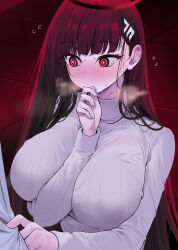  1boy absurdres arm_between_breasts averting_eyes between_breasts black_hair blue_archive blush breasts bright_pupils commentary embarrassed female flying_sweatdrops halo highres holding_sleeve huge_breasts long_hair nose_blush ribbed_sweater ringed_eyes rio_(blue_archive) solo_focus steam straight_hair sweat sweater symbol-only_commentary upper_body very_long_hair white_pupils white_sweater yuki_(asayuki101) 