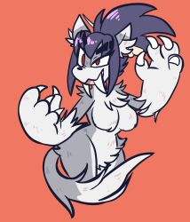  2018 4_fingers 4chan_anon absurd_res anthro big_hands black_nose breasts canid canine canis casual_nudity chest_tuft claws digital_media_(artwork) dipstick_ears dipstick_tail ear_markings eye_through_hair eyebrow_slit eyebrow_through_hair eyebrows fangs featureless_breasts featureless_crotch female finger_claws fingers flat_colors fur gloves_(marking) grey_body grey_fur hair hi_res inner_ear_fluff looking_at_viewer mammal markings multicolored_body multicolored_ears multicolored_fur nude open_mouth open_smile orange_background ponytail portrait pupils purple_hair red_eyes simple_background smile snout solo tail tail_markings teeth three-quarter_portrait three-quarter_view toony translucent translucent_hair tuft tusks two_tone_body two_tone_fur white_body white_fur wide_hips wolf 