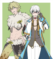  2boys adjusting_eyewear animal_print arch_bishop_(ragnarok_online) artist_name black_gloves black_shirt blonde_hair blue_coat blue_eyes brown_pants cape capelet choker coat commentary_request cowboy_shot cross cross_choker cross_of_prontera dated fingerless_gloves fur_collar glasses gloves gold_trim green_background grey_cape grin hair_between_eyes leopard_print long_bangs long_sleeves looking_at_another looking_to_the_side male_focus multiple_boys navel official_alternate_costume open_clothes open_coat open_mouth pants ragnarok_online red-framed_eyewear shadow_chaser_(ragnarok_online) sharp_teeth shirt short_hair shrug_(clothing) smile takaha_momo teeth toned toned_male two-tone_background waist_cape white_capelet white_choker white_hair white_pants 