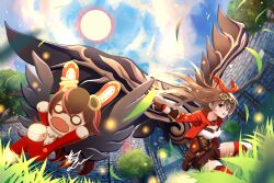  alvanitas amber_(genshin_impact) baron_bunny_(genshin_impact) blue_sky breasts brown_corset brown_eyes brown_gloves brown_hair brown_shorts cleavage commentary_request corset day english_commentary fake_wings female floating_hair genshin_impact gloves goggles goggles_on_head grass hair_between_eyes hair_ribbon jacket landing leaning_forward long_hair long_sleeves looking_at_viewer medium_breasts mixed-language_commentary mondstadt_city open_mouth outdoors outstretched_arms partial_commentary red_jacket red_ribbon red_thighhighs ribbon shirt shorts signature sky solo stone_wall sun teeth thighhighs tree upper_teeth_only white_shirt wind_glider wings zettai_ryouiki 