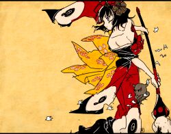  bad_id bad_tumblr_id black_hair blue_eyes breasts bunkoxo cleavage collarbone fate/grand_order fate_(series) female flower hair_flower hair_ornament holding holding_brush japanese_clothes katsushika_hokusai_(fate) kimono looking_to_the_side octopus off_shoulder red_kimono short_hair solo tokitarou_(fate) 