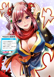  blue_dress blush breasts brown_sash cleavage commentary_request cowboy_shot crescent dress female flower hair_flower hair_ornament large_breasts leaning_forward long_hair looking_at_viewer ninja ninja_(ragnarok_online) obi obijime open_mouth pink_hair purple_eyes ragnarok_online sash shikigami short_dress sleeveless sleeveless_dress solo takaha_momo translation_request vambraces 