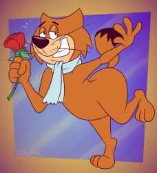  2025 anthro artist_name ass black_eyes black_nose black_tail brown_body brown_ears brown_fur brown_tail digital_media_(artwork) domestic_cat fancy-fancy_(top_cat) felid feline felis flower fur gavanzude grey_scarf hanna-barbera hi_res holding_flower holding_object holding_rose looking_at_viewer male mammal multicolored_body multicolored_fur plant pose raised_leg romantic rose_(flower) scarf smile solo tail tan_body tan_fur teeth text three-quarter_view top_cat_(series) two_tone_body two_tone_fur two_tone_tail whiskers 