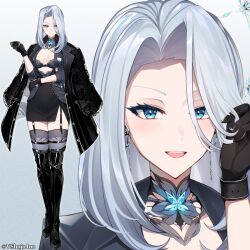  akagi_(sk0127aho) aqua_eyes belt black_coat black_gloves black_skirt black_suit boots bra breasts butterfly_brooch chains cleavage coat coat_on_shoulders commentary company_name copyright_notice earrings female forehead front_slit full_body garter_straps gloves grey_hair hair_over_one_eye high_belt highres jewelry lace lace_bra lace_collar lapels legwear_garter long_hair looking_at_viewer mafia monarch_(amalee) notched_lapels official_alternate_costume official_art open_clothes open_coat pencil_skirt skirt skirt_suit sleeves_rolled_up small_breasts smile solo standing suit teeth thigh_boots thighhighs twirling_hair unbuttoned unbuttoned_shirt underwear upper_teeth_only virtual_youtuber vshojo zoom_layer 
