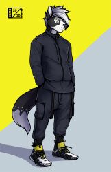  2020 anthro black_body black_bottomwear black_clothing black_fur black_jacket black_pants black_topwear bottomwear canid canine clothed clothed_male clothing countershading d3mo dipstick_tail footwear fox fully_clothed fully_clothed_male fur hair hand_in_pocket hi_res jacket kola_(kolakuu) looking_at_viewer male mammal markings mouth_closed pants pockets shoes signature simple_background solo spots spotted_markings spotted_nose spotted_tail standing straps streetwear tail tail_markings techwear three-quarter_view topwear whisker_spots white_body white_fur white_hair yellow_eyes zipper 