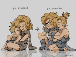  1boy age_difference age_progression aged_down arrow_(symbol) ayla_(chrono_trigger) barefoot blonde_hair blue_eyes blush boots breasts chrono_trigger cleavage closed_eyes commentary_request couple curly_hair embarrassed female full_body fur_(clothing) fur_anklet fur_boots fur_wrist_cuffs grey_background head_rest high_ponytail highres hug hug_from_behind indian_style kino_(chrono_trigger) long_hair medium_breasts medium_hair open_mouth parted_lips ponytail scarf sitting sitting_on_lap sitting_on_person smile spiked_hair tears three_quarter_view twitter_username uzutanco wrist_cuffs 