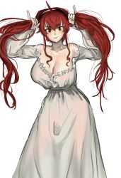  bare_shoulders breasts cleavage dress english_commentary eris_greyrat female highres kkghost_tv large_breasts long_hair long_sleeves looking_at_viewer mixed-language_commentary mushoku_tensei off-shoulder_dress off_shoulder red_eyes red_hair see-through_clothes see-through_dress simple_background smile solo twintails upright_ahoge white_background white_dress 
